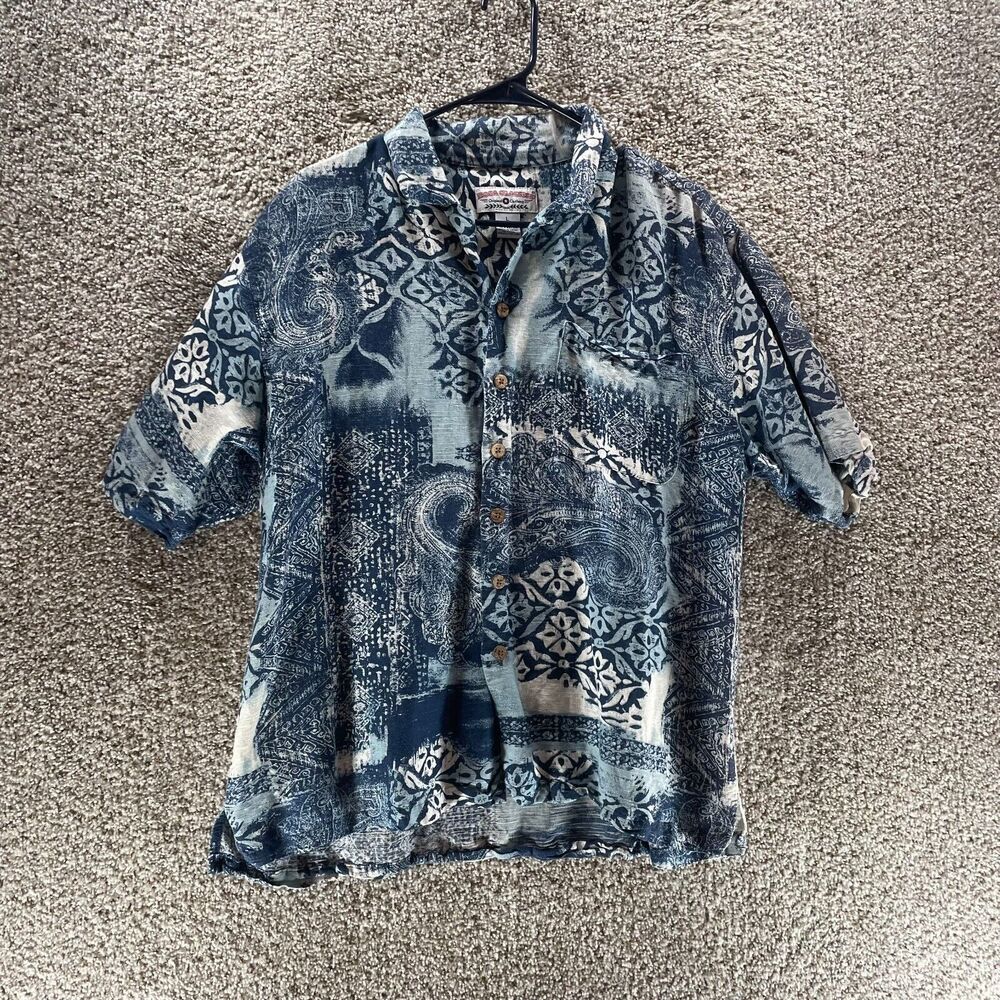 Vintage Boca Classics Hawaiian Shirt Men Large Blue Geometric Short Sleeve Linen